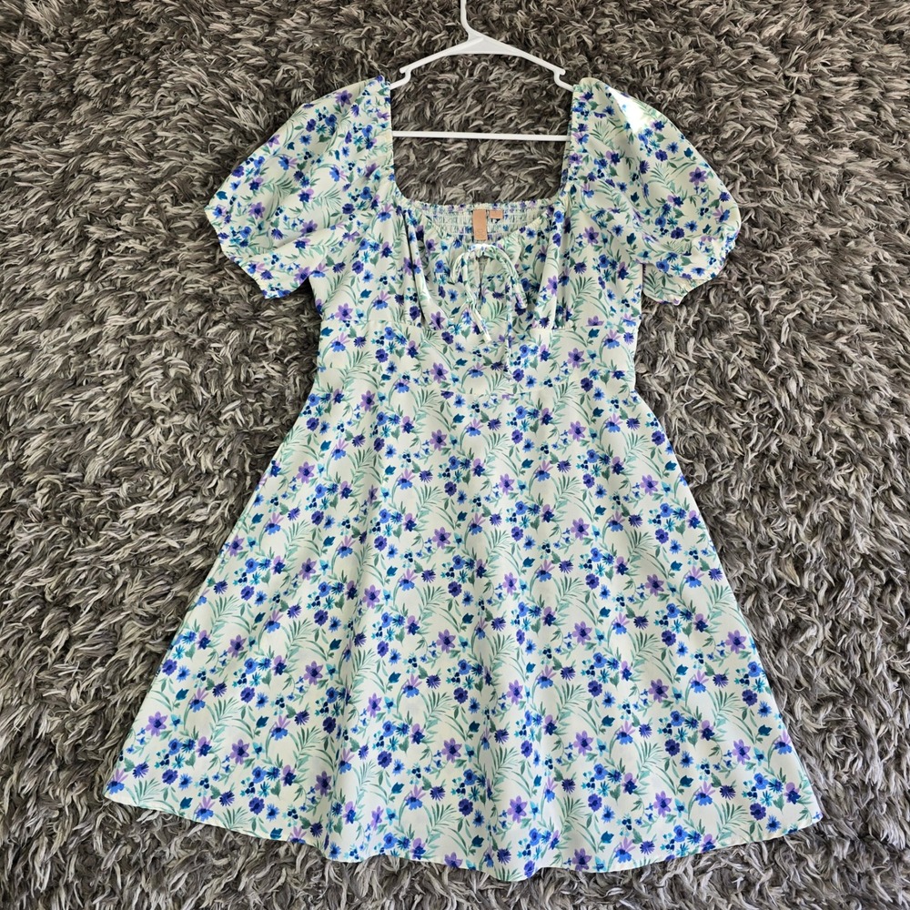 Evolutionary Apparel Women Floral Puff Sleeve Smocked Mini Dress Sz Large